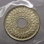 1945 – Thailand 1945 – 10 Satang Tin Coin – Bua Kanok Khaeng Singh Pattern, unused.