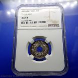 1942 – 20 satang hole coin, unused, Kanok pattern, Singha shin, silver, grade MS64 NGC 2485