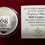 2020 – 2 Oz. .999 Fine SILVER SHIELD PROOF CRYPTO AG Mini Mintage ROUND COIN COA # 454