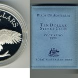 1990 SILVER PROOF $10 COIN – BIRDS OF AUSTRALIA – WHITE COCKATOO