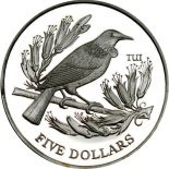 1995 New Zealand Five Dollar Silver Proof Coin Queen Elizabeth II Tui Bird